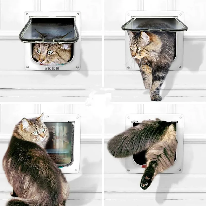 Puerta para mascotas con bloqueo de 4 vías para puerta de perro, gato, gatito, puerta con solapa de seguridad, plástico ABS, puerta pequeña y mediana para perros y gatos, suministros para mascotas