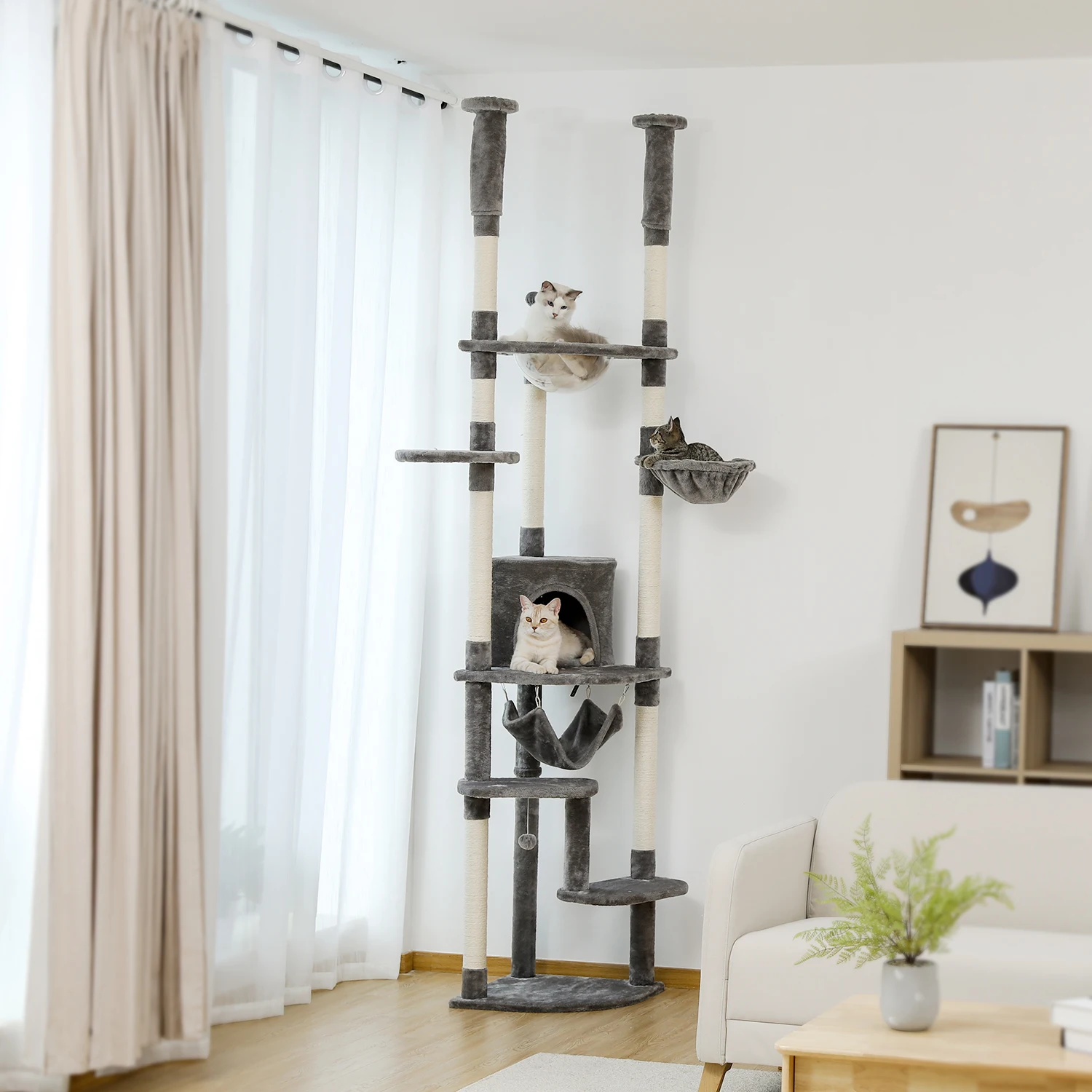 Árbol para gatos de piso a techo con postes rascadores de Sisal, hamaca acogedora para Condo, torre alta para gatos de altura ajustable para juguetes de interior para gatos - imagen 4