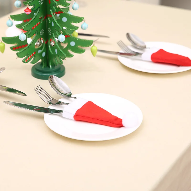 10 Uds. Gorro de Navidad, tenedor, cuchillo, bolsa para cubiertos, decoración navideña, decoraciones para el hogar, decoración de mesa de cena, vajilla, juego de almacenamiento de tenedor - imagen 3