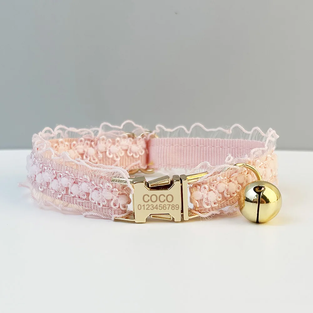 Collar de encaje para gatos y perros pequeños, ajustable, personalizado, nombre personalizado, suave, campana - imagen 2
