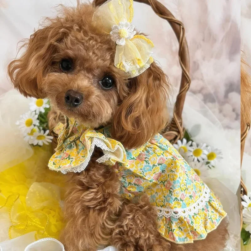 Ropa para mascotas, vestido Floral de verano, camisa con mangas voladoras para cachorros, camiseta sin mangas para perros, vestido con lazo Floral de peluche, ropa refrescante para perros pequeños - imagen 2