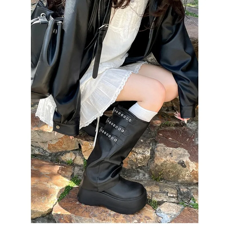 Diseñador estilo Punk mujeres pantalones piernas Botas Largas moda Mujer parte inferior gruesa hasta la rodilla botines Zapatos De Mujer - imagen 4