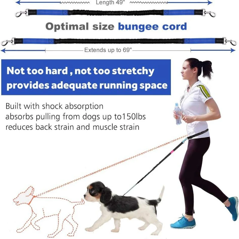 Manos libres perro grande correr suministros retráctiles entrenamiento para caminar, cinturón ajustable perros mascota cintura Bungee libre trotar 2 - imagen 4