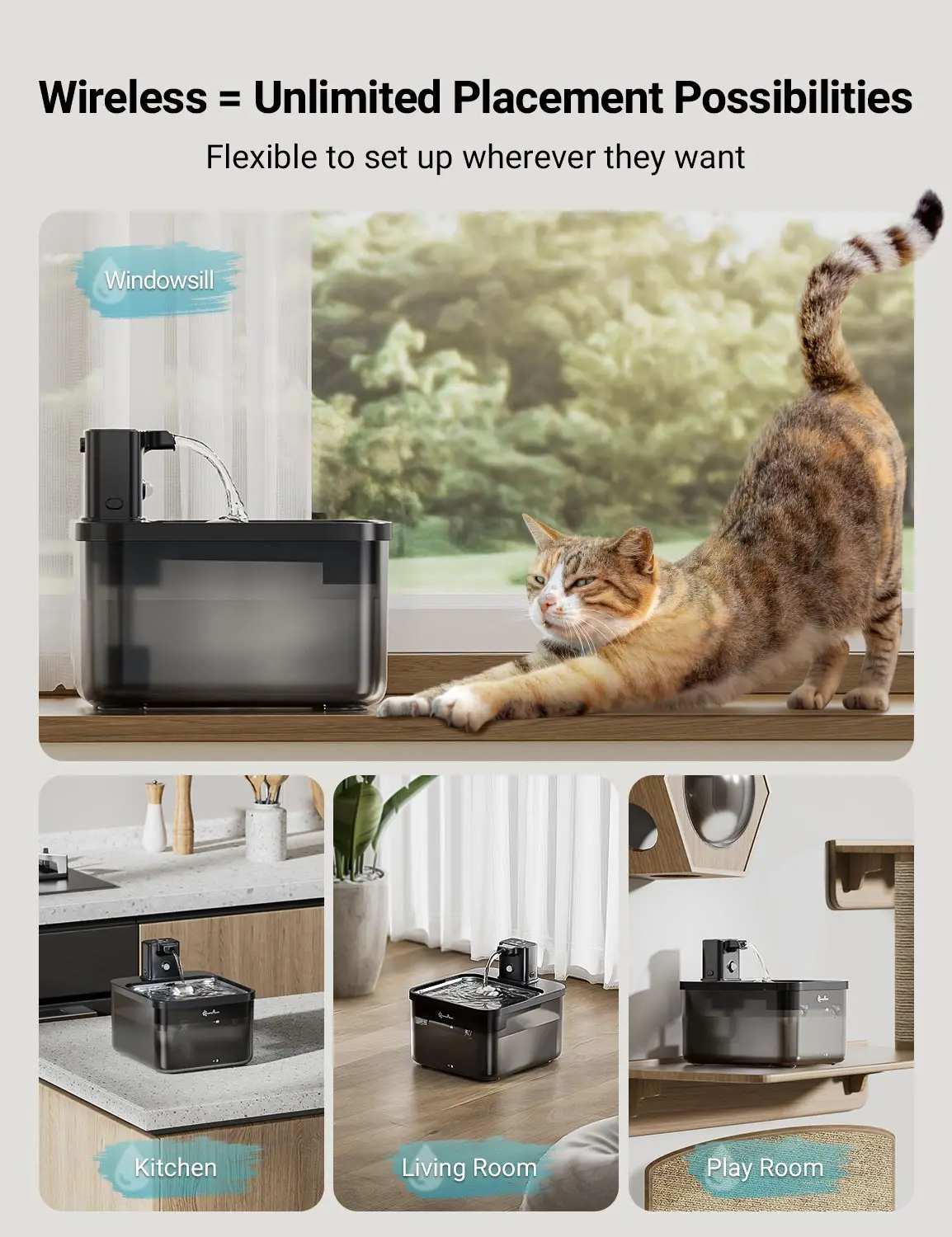 DownyPaws Fuente de agua automática para gatos de acero inoxidable de 2,5 L, bebedero inalámbrico negro de 4000 mAh para mascotas, batería y sensor, dispensador 2 en 1 - imagen 2
