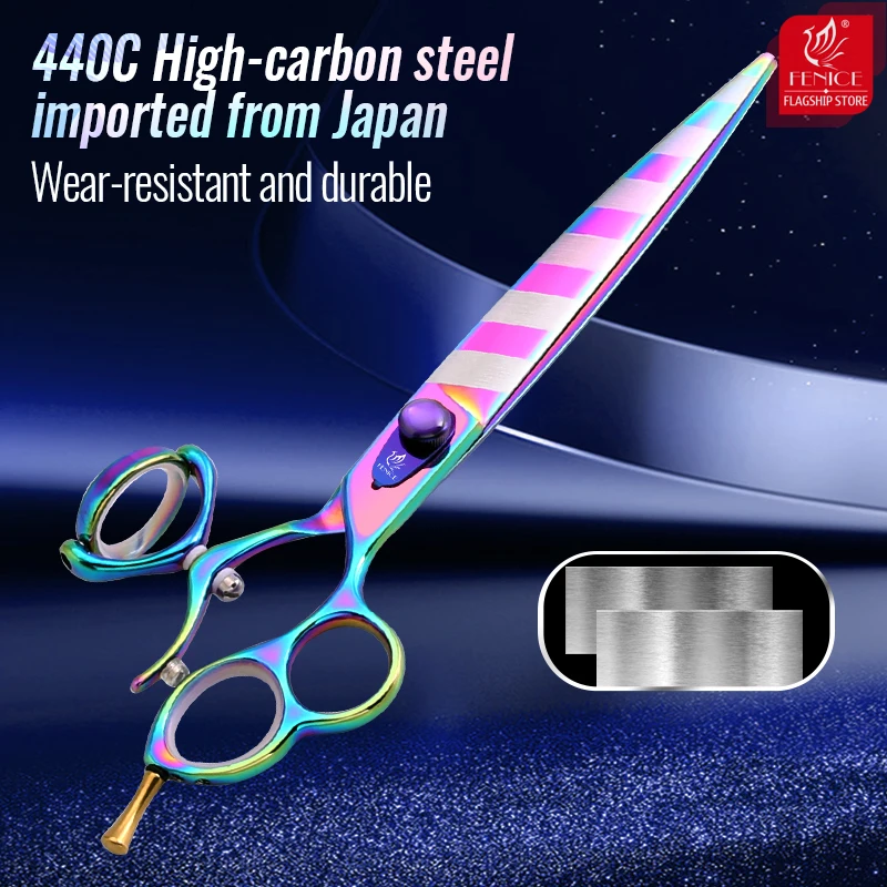 Fenice-tijeras profesionales para perros, 8 pulgadas, 3 agujeros, mango giratorio, raya con tapa de arcoíris, tijeras de aseo para mascotas curvadas y rectas JP440C - imagen 3