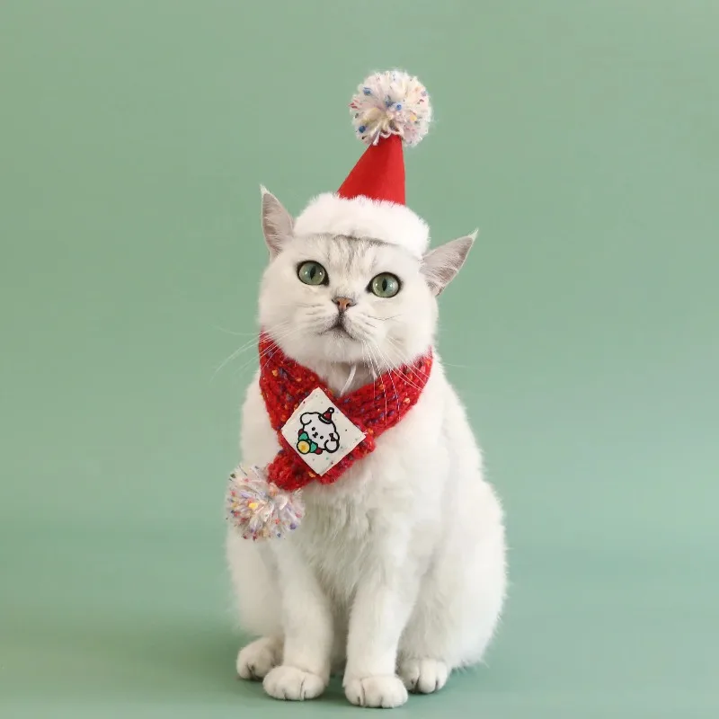 Gorro de Navidad bonito para perro mascota, bufanda de lana tejida con dibujos de bolas de pelo, fieltro para el cuello, decoración navideña cálida para año, accesorios para cachorros - imagen 3