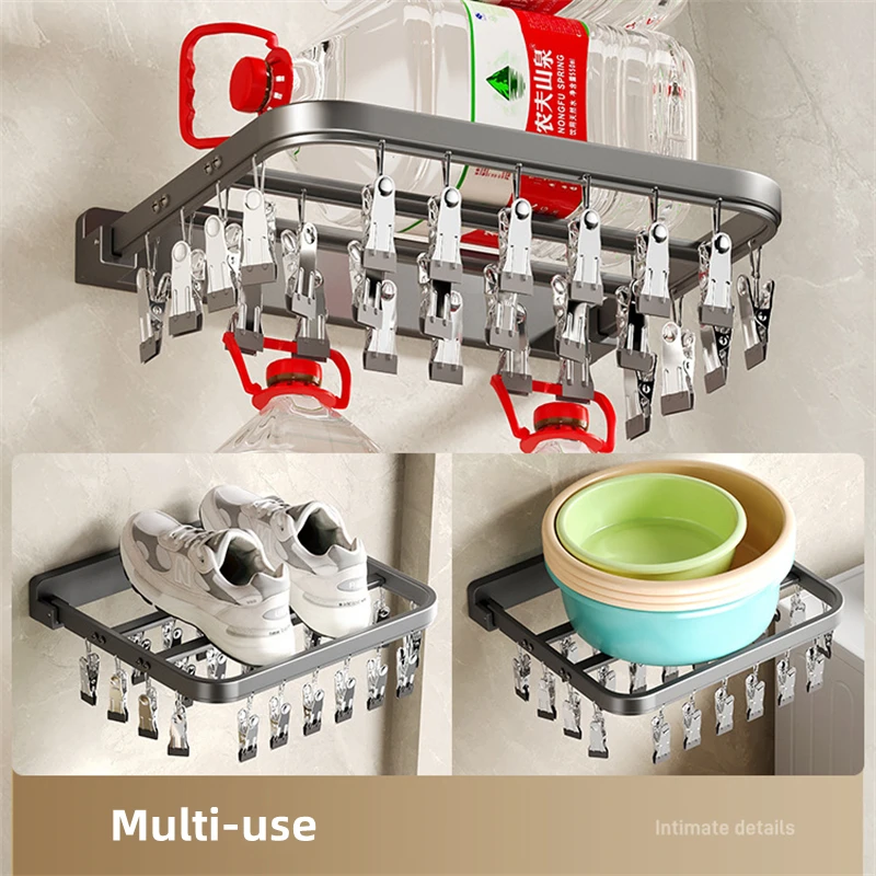 BEISHI-estante de secado de calcetines de aluminio plegable montado en la pared, Clips a prueba de viento, pinza para ropa, toalla, sujetador, colgador de ropa, accesorios de baño - imagen 5