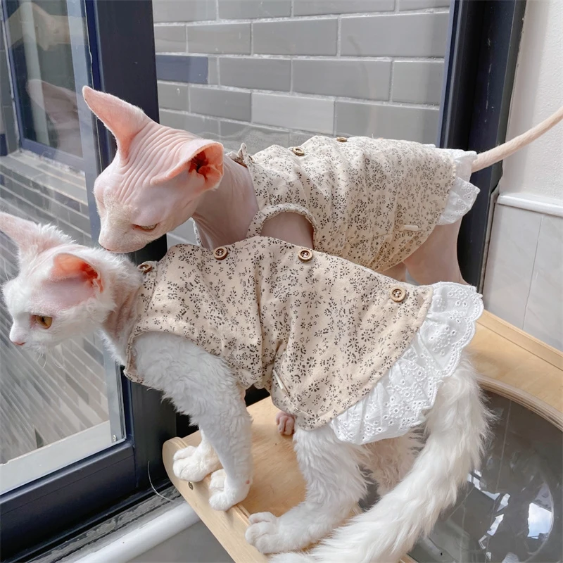 Vestidos de verano retro beige para gato Falda de algodón floral de encaje de verano para Sphynx Cat Camiseta suave para gatitos Abrigo de primavera para Devon Rex