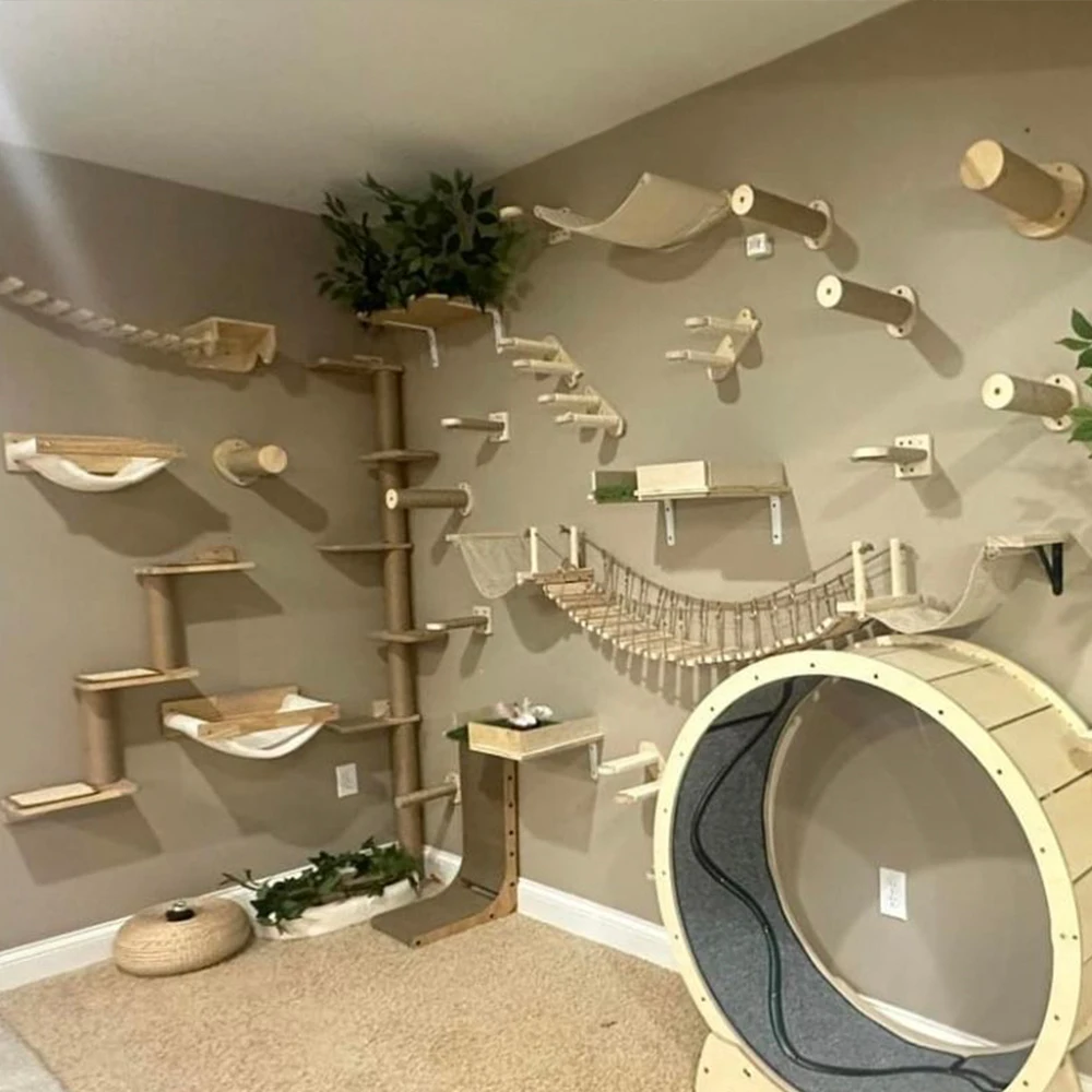 Muebles de madera montados en la pared para gatos, perchas rascadores de Sisal, hamaca interior para gatos y estantes de escalada para rascar y descansar gatos