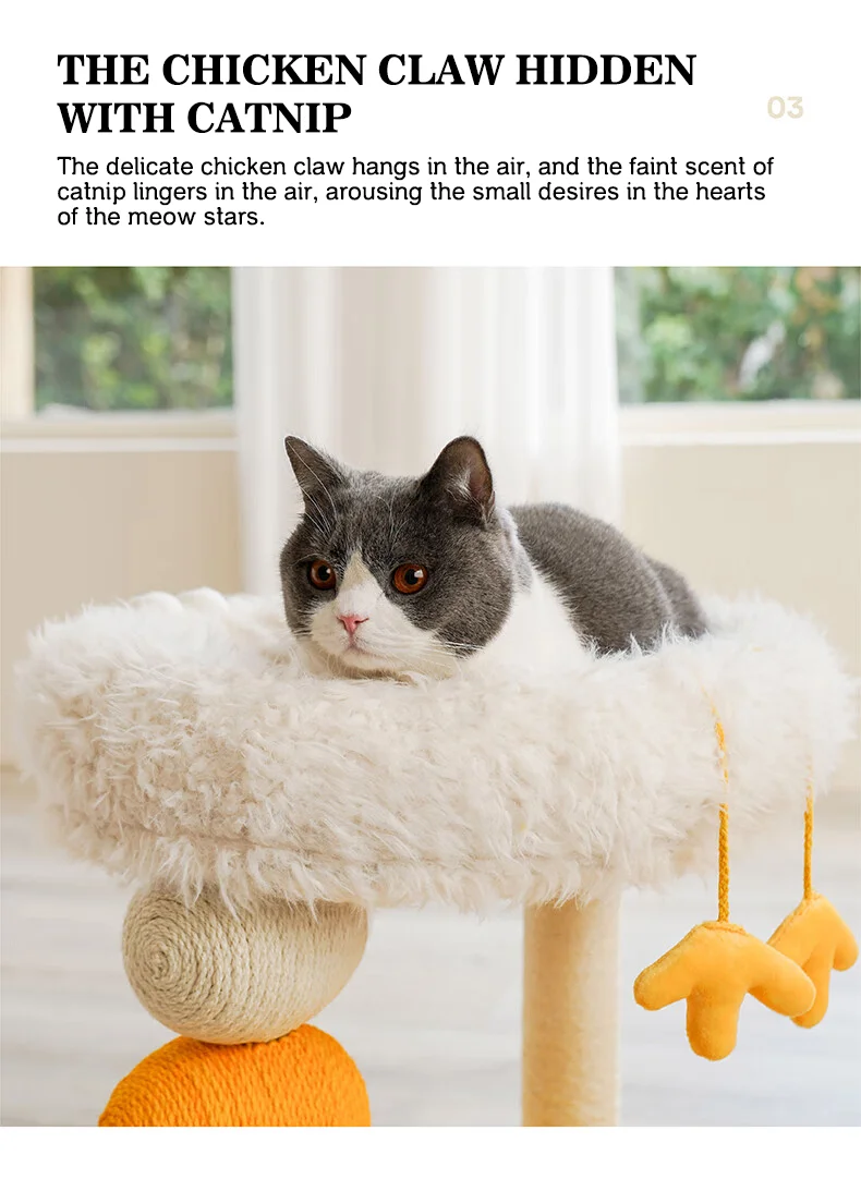 Cama compacta para gatos de dos pisos, plataforma para saltar para gatos, pollito amarillo, árbol para gatos con área de anidación, rascador para gatos y cama para gatos, combinación divertida - imagen 5