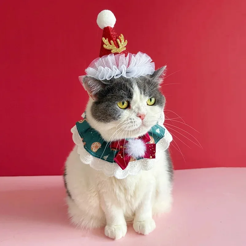 Pañuelo de Navidad para mascotas, Collar con bola de pelo, sombrero, conjunto de Navidad para gatos, bufanda de agua para perros, bufanda roja y verde, accesorios para cachorros - imagen 2