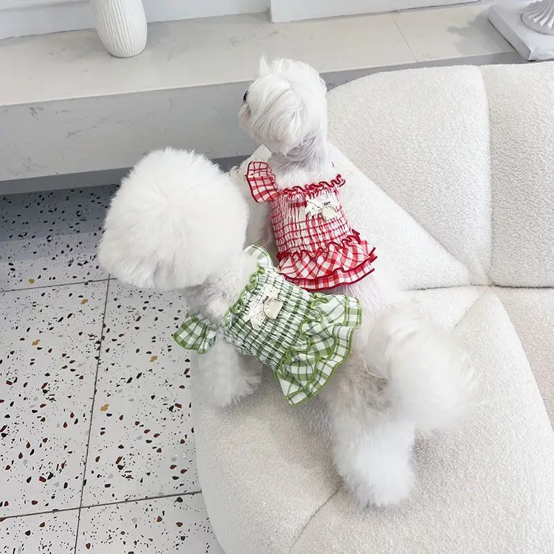 Ropa a cuadros para mascotas, camisola a rayas de verano, vestido camisola tejido hueco transpirable para gatos, ropa para cachorros para perros pequeños