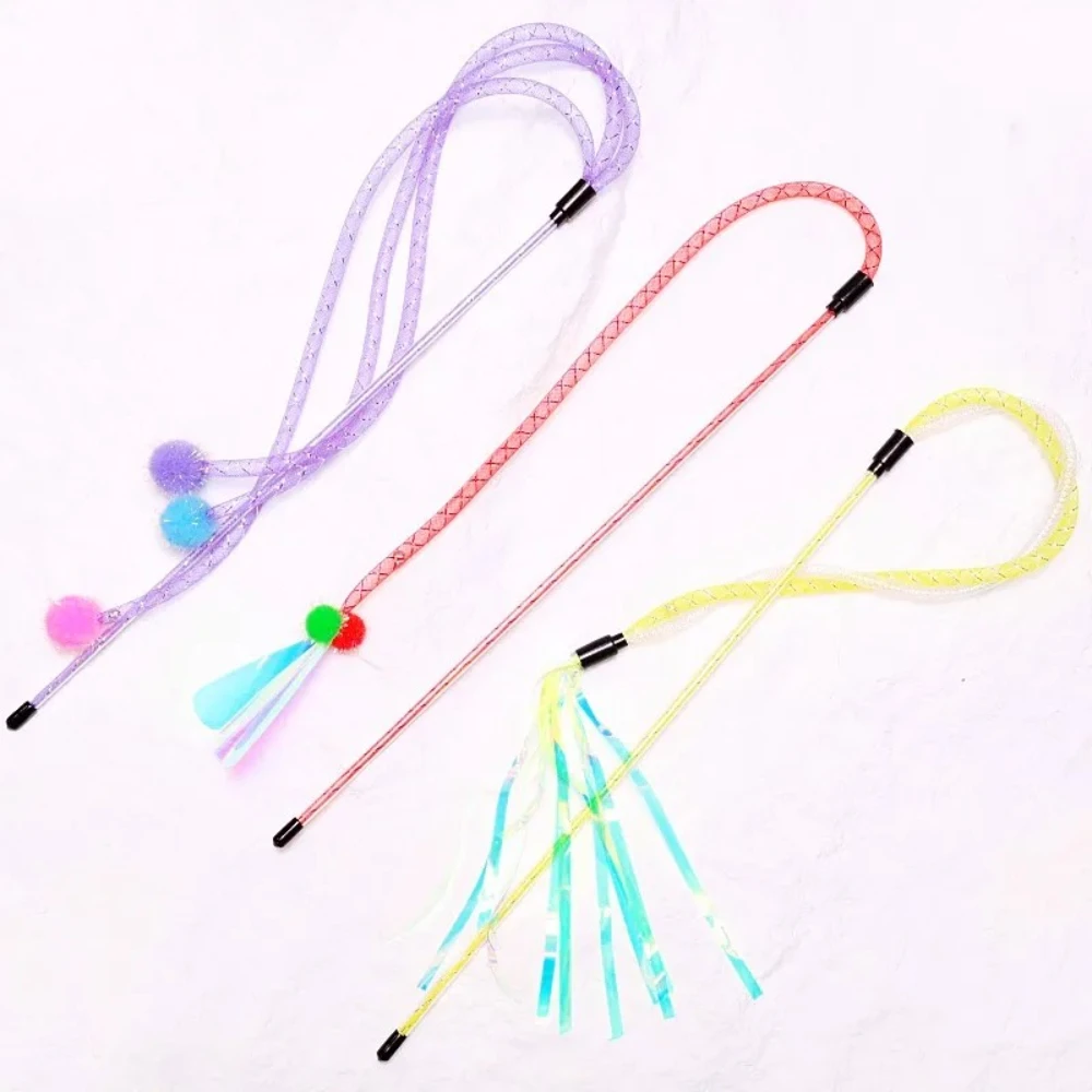 2 uds/3 uds juguetes para gatos borla gatos Teaser Stick juguete interactivo para gatos con campana bola colorida juguete para gatos juguetes de malla elástica para gatitos - imagen 2