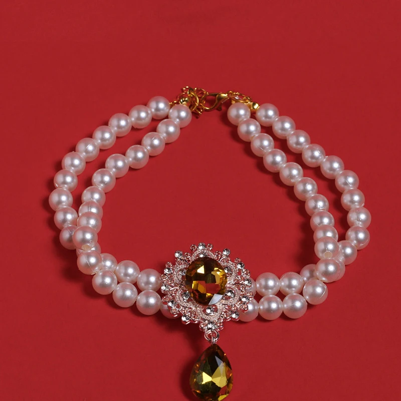 Joyería de cristal de moda, accesorios para mascotas, collar de lujo de 2 filas de perlas para perros con colgante de piedras preciosas de diamantes de imitación para perros pequeños y gatos - imagen 5