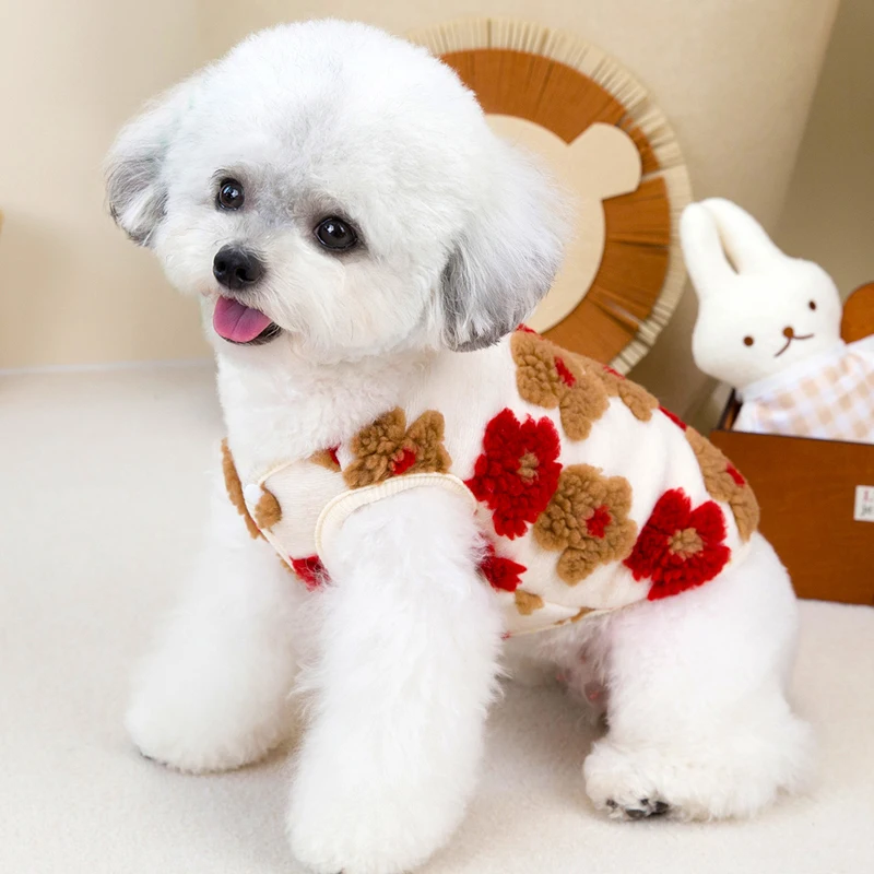 Ropa de lana para perros, chaleco cálido de invierno, chaqueta para perros con patrón de flores 3D, ropa para mascotas azul y roja, abrigo, chaqueta para perros pequeños Chiwawa L - imagen 4