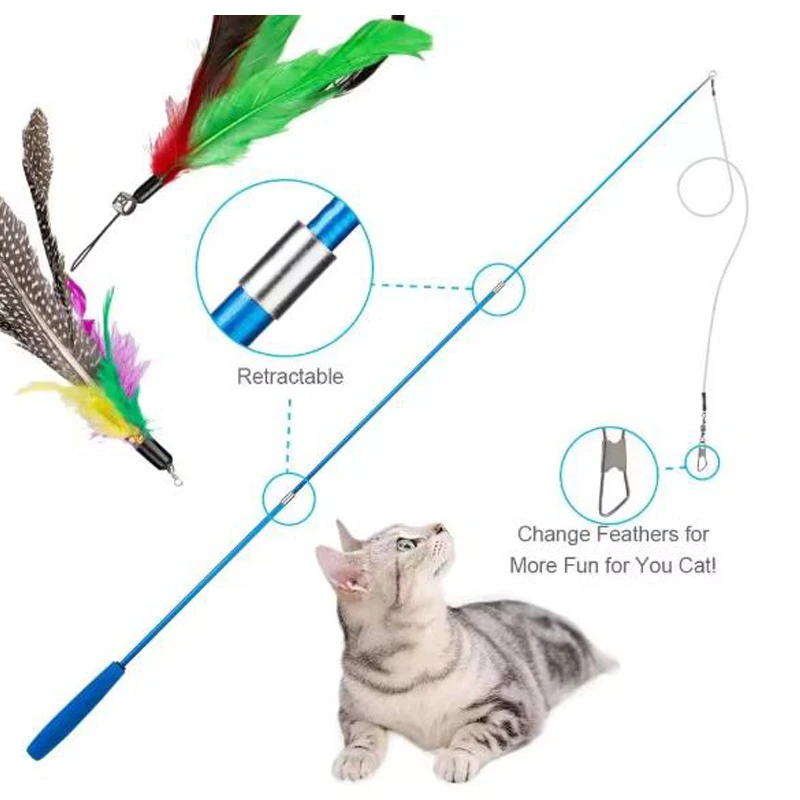 Juguetes para gatos, 11 Uds., juego de juguetes de plumas para gatos de repuesto, cabezal de repuesto de plumas, palo retráctil para gatos, productos para gatos - imagen 3