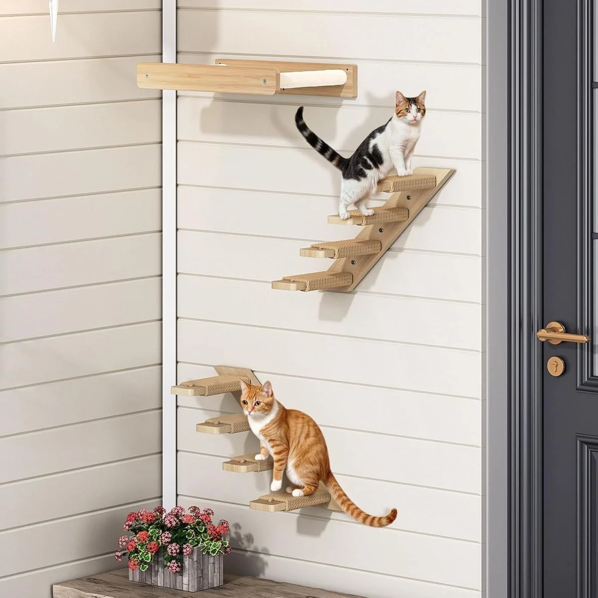 Escalera de madera para gatos, tablero multicapa montado en la pared, escalera con estructura de madera, hamaca para gatos montada en la pared