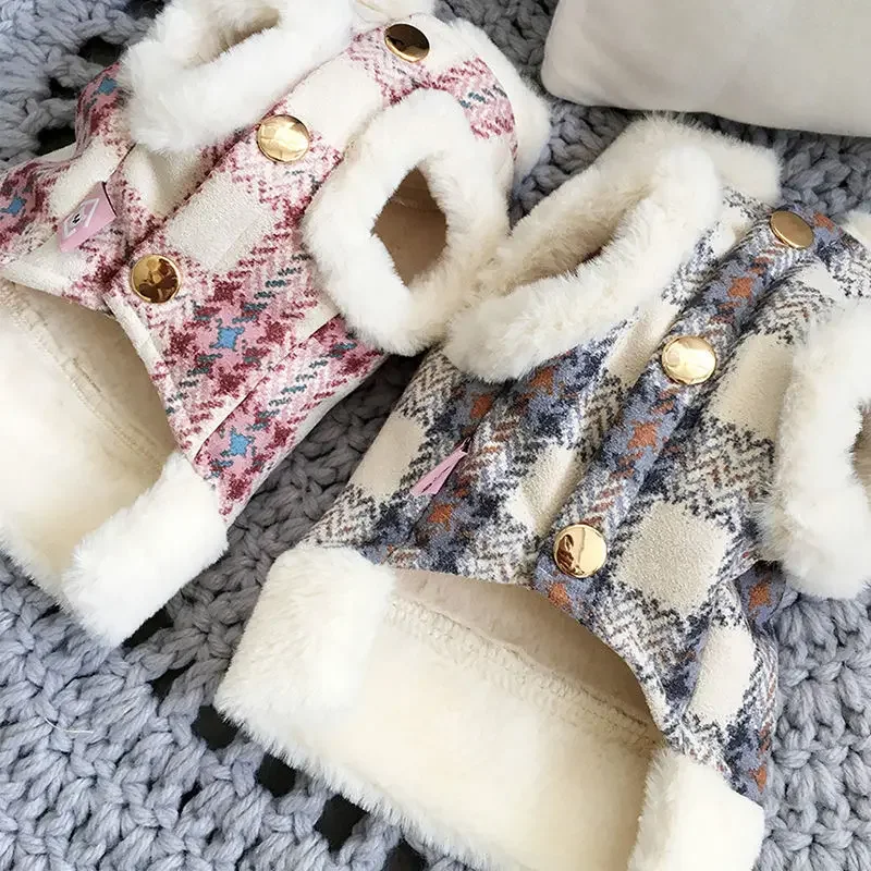 Abrigo de felpa a cuadros para otoño e invierno para mascotas, cálido invierno con lana gruesa, chaleco de lana de cordero, chaleco de tracción para perros de peluche y gatos Pomerania - imagen 2