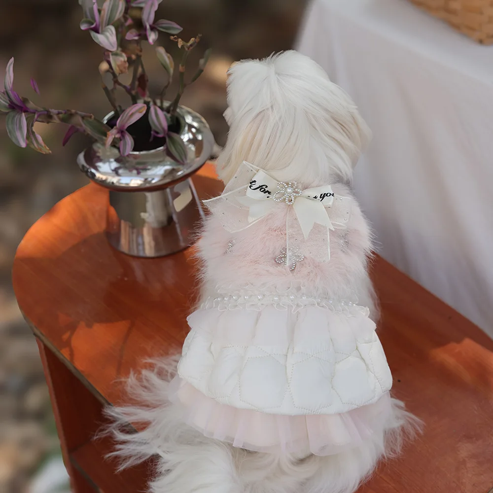 Abrigo lolita de encaje para perros pequeños, chaqueta rosa cálida de piel sintética de felpa, Abrigo acolchado de algodón con lazo para perros, ropa a prueba de viento - imagen 2