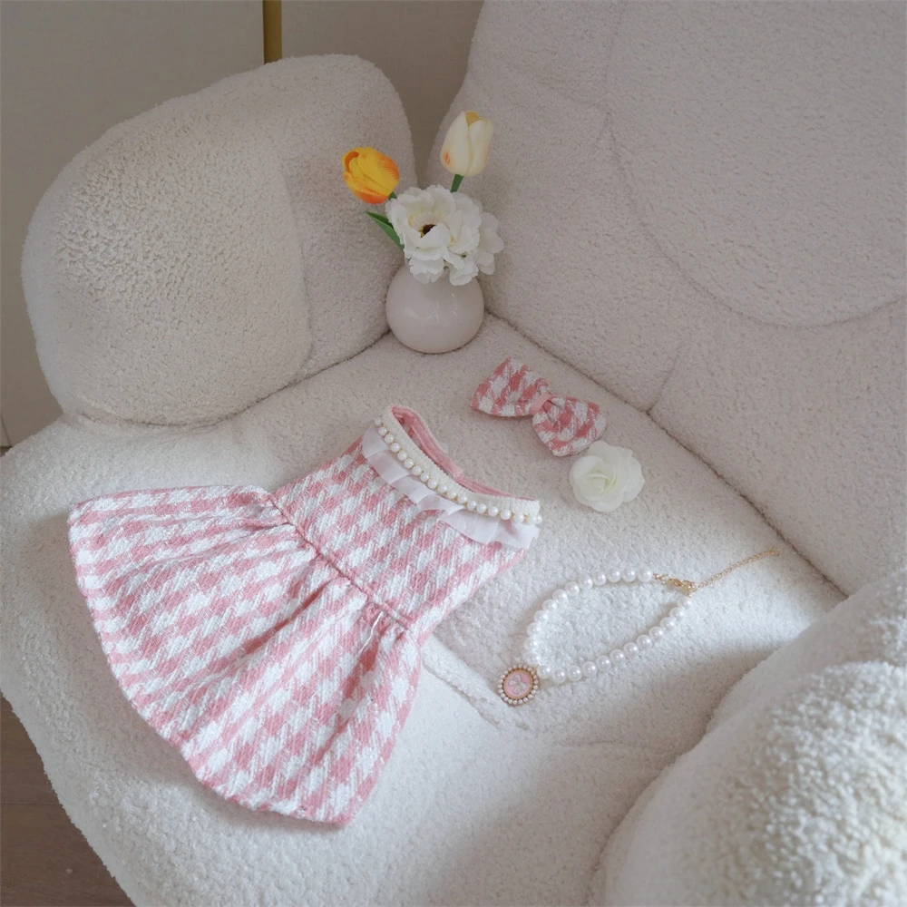 Vestido de lana a cuadros para cachorro, suéter con cuello de perlas, osos de peluche, cárdigan para perro mediano y pequeño, ropa para mascotas de otoño e invierno, ropa para perros