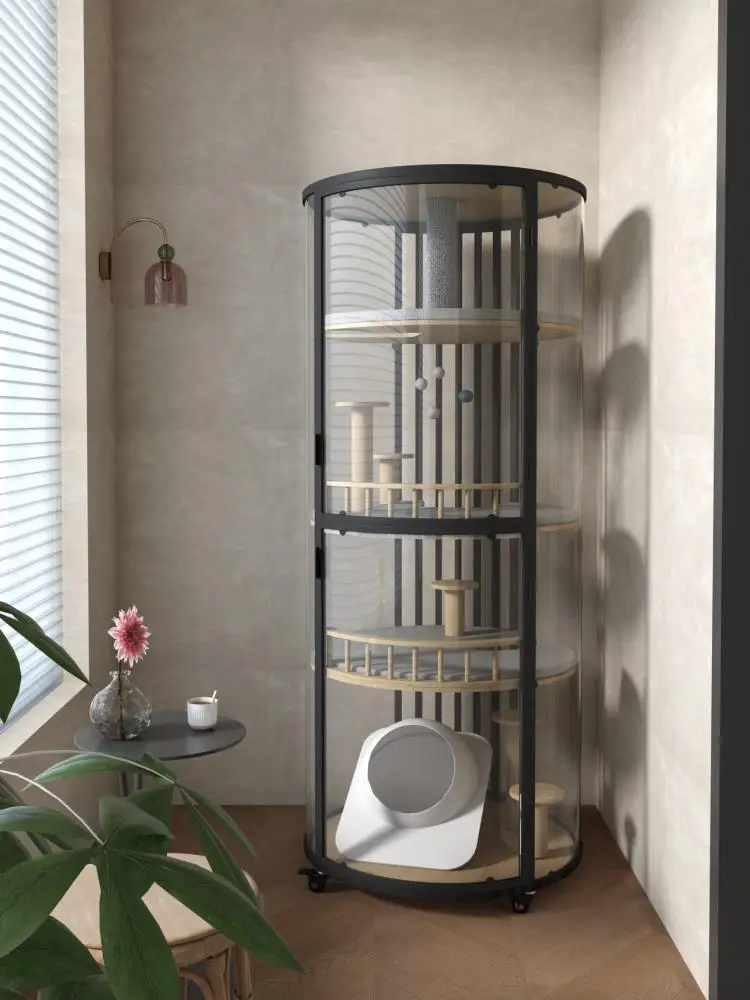 Villa cilíndrica panorámica para gatos de tamaño pequeño y mediano, jaula para gatos de 360 °, gabinete para gatos de vidrio, nido de gato de lujo, madera maciza, habitación - imagen 3