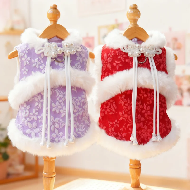 Chaleco para perro de estilo chino, chaqueta cálida de invierno para perros, abrigo con estampado Floral para cachorros, chaqueta suave bonita para gatos, abrigo, monos para caniche para mascotas