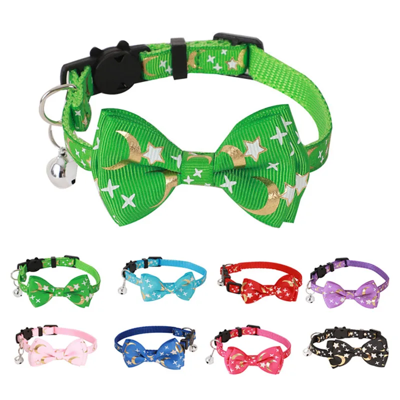 Lindo collar de gato estrella luna con colgante de campana, collar de gatito con lazo ajustable, hebilla segura, pajarita para cachorro, accesorios para mascotas - imagen 2