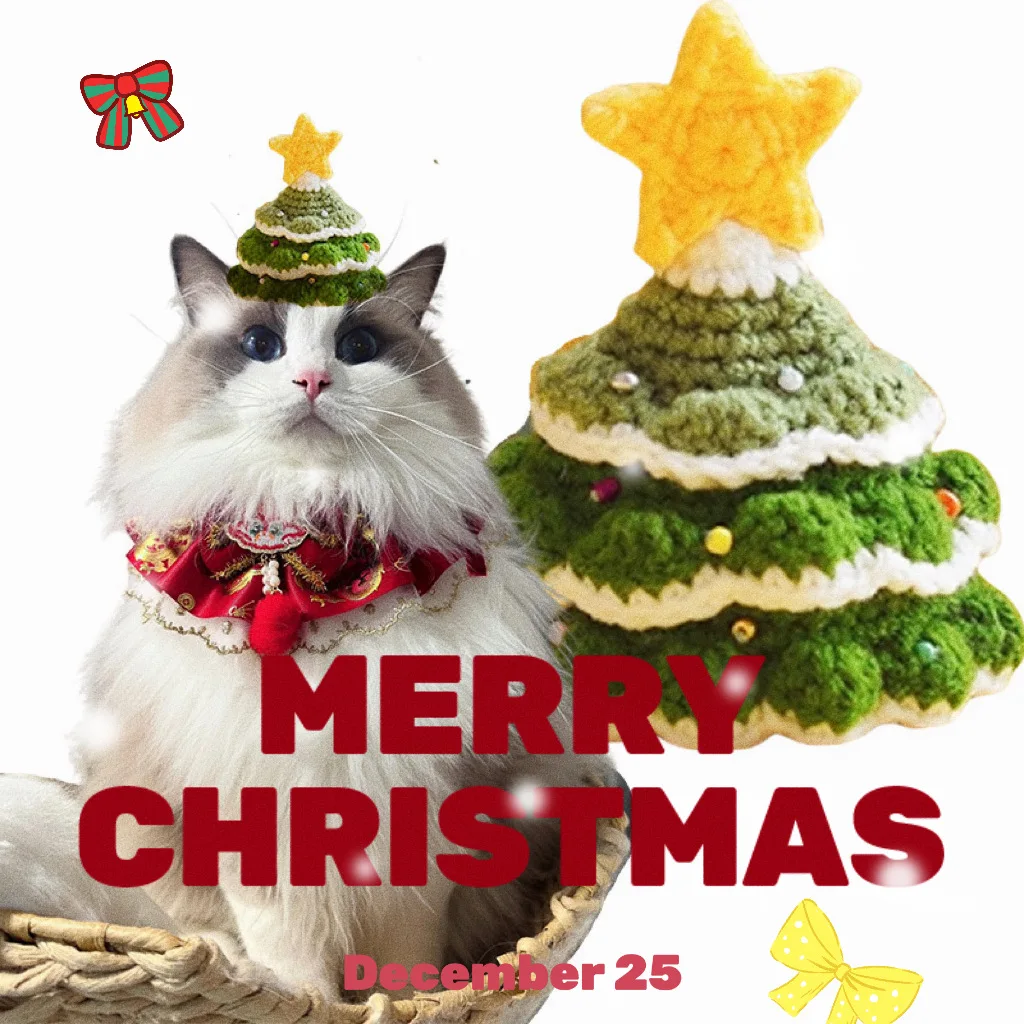 Sombrero navideño hecho a mano para mascotas, 4 colores, hilo de árbol de Navidad de ganchillo, accesorio festivo para gatos, perros, decoración navideña - imagen 3