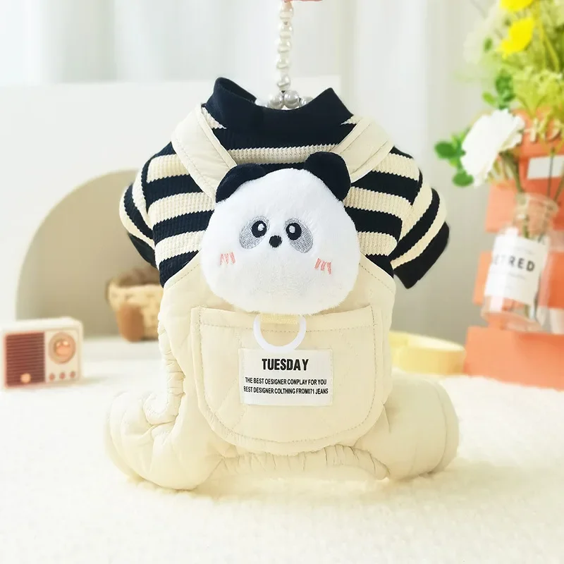 Otoño e Invierno monos con bolsillos grandes a rayas conjunto de invierno de doble capa mono para perro pantalones de cuatro patas pijamas ropa para cachorros - imagen 3