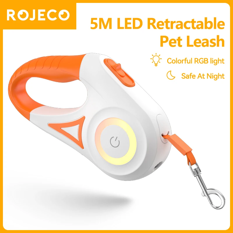 ROJECO 5M correa automática para perro LED retráctil luminosa correas de luz de moda para perro cachorro mascota Flexi caminar corriendo plomo