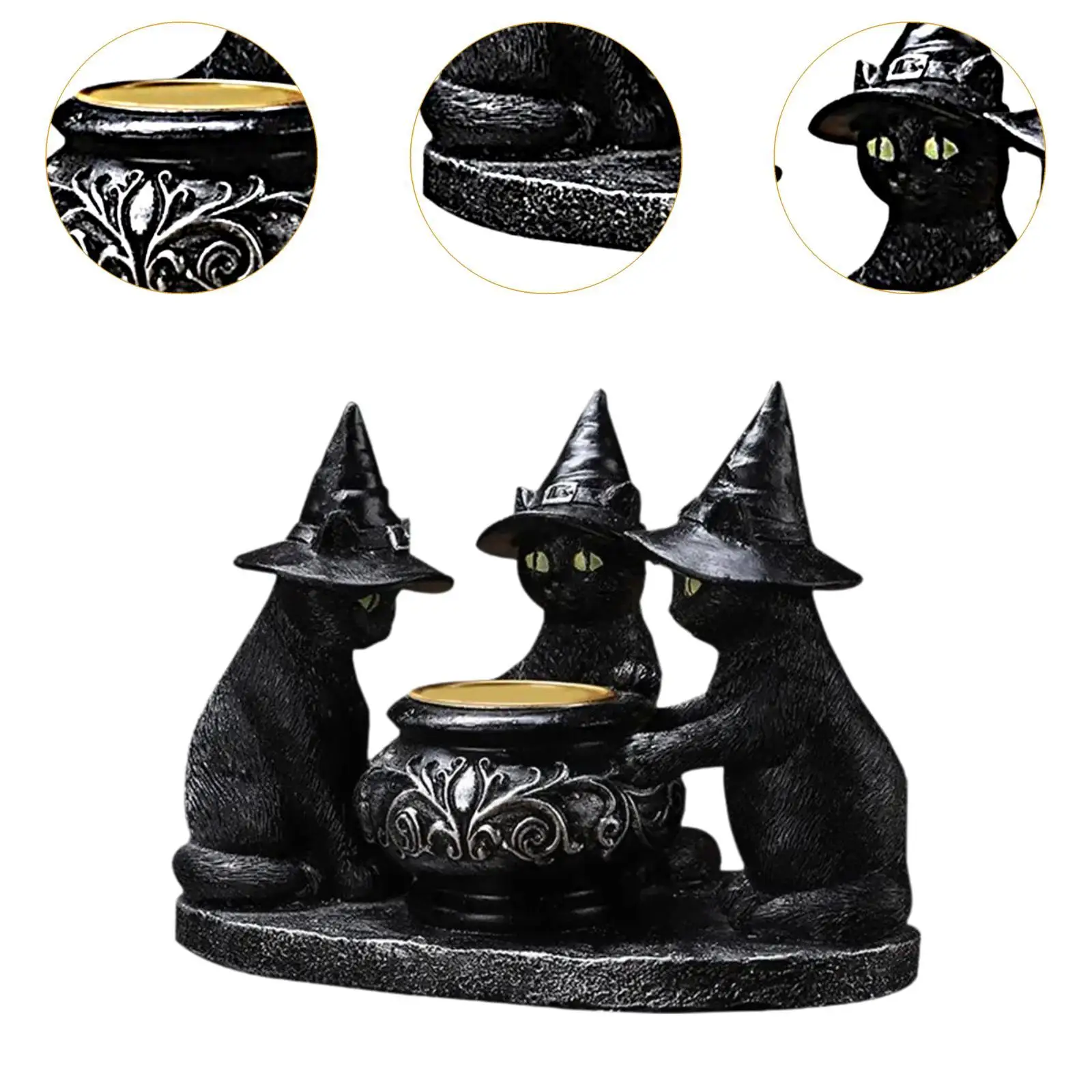 Black Cat Tealight Candle Holder, Halloween Candlestick Party Favor Resin Ornament Home Gothic Figurine for Dinner Fireplace