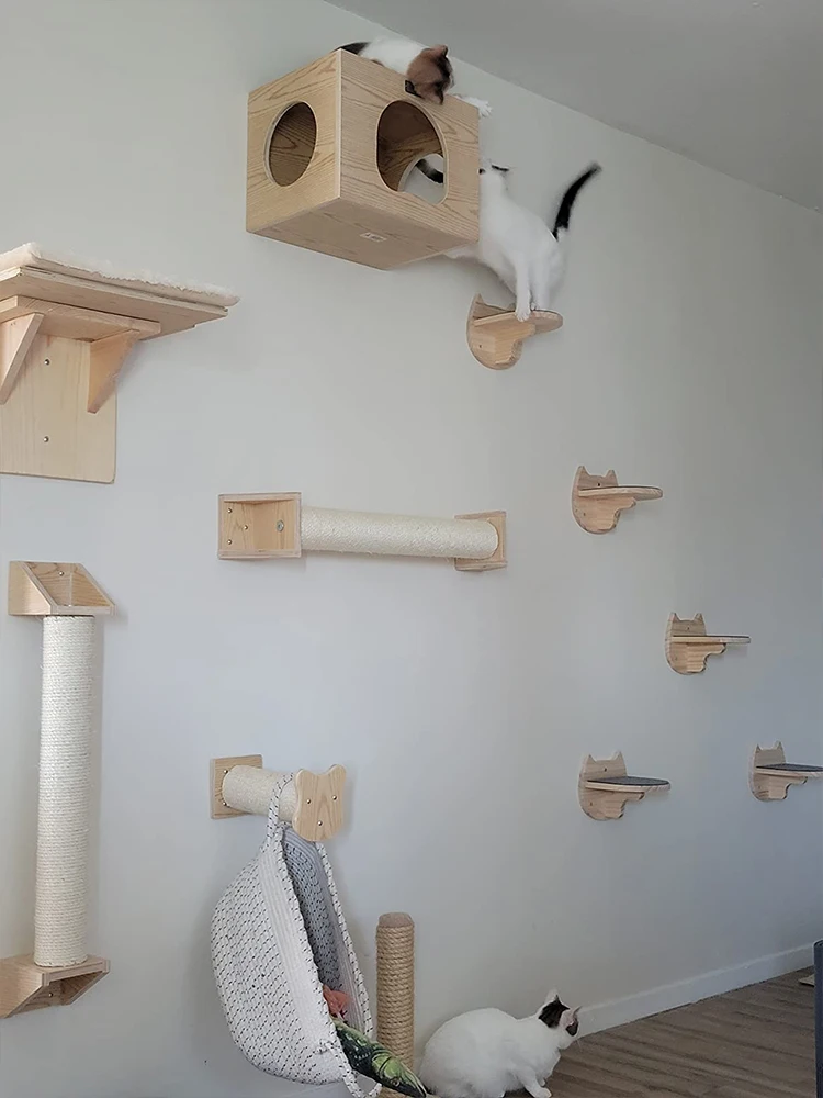 Estante de escalada para gatos montado en la pared, muebles de pared, escalera con cuerda de Sisal, poste rascador, árbol para gatos, gatitos, durmiendo - imagen 4