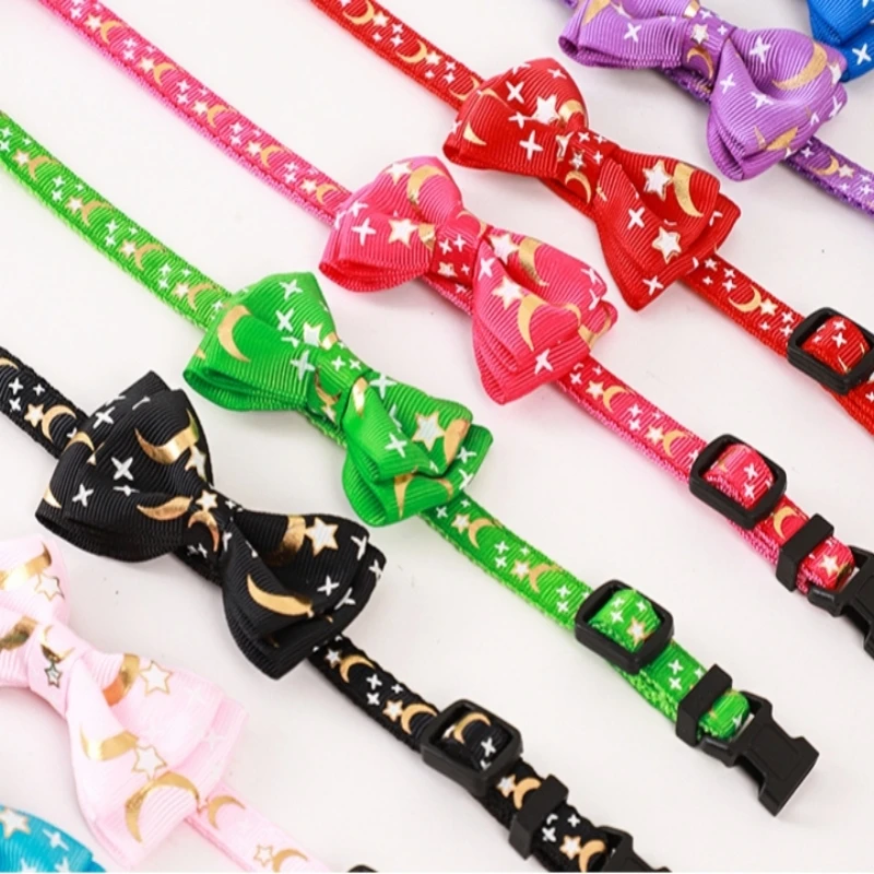 Collar de campana con lazo para gato, estampado en caliente, tejido con patrón de estrellas y Luna, lazo extraíble, Collar para cachorro y gato, Collar ajustable para perro - imagen 2