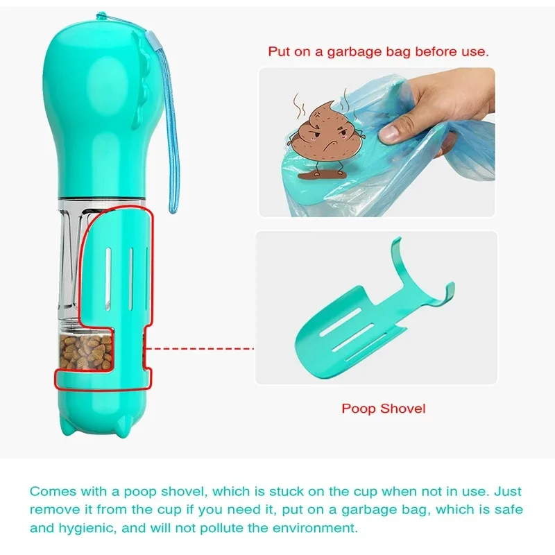 Botella de agua portátil para perros y gatos, comedero de comida, bebedero, dispensador de caca 3 en 1, a prueba de fugas, - imagen 5