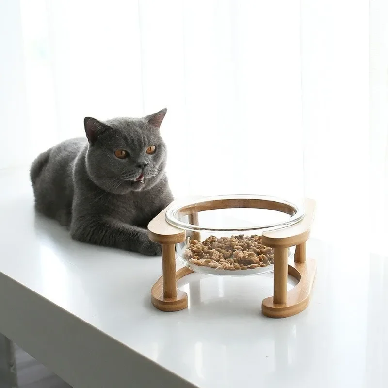Cuenco de vidrio elevado con doble lazo para gato, soporte de madera elevado para mascotas, diseño de cuidado del cuello para gatito, cachorro, cómodo, tazón de alimentación para beber saludable - imagen 3