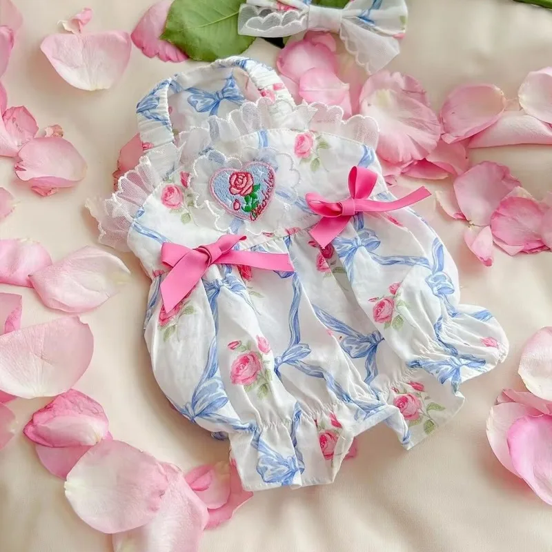 Ropa para perro con tirantes florales azules, Falda corta de princesa para mujer, lazo de calabaza, falda de tirantes de dos pies, vestidos para cachorros medianos de peluche, Verano