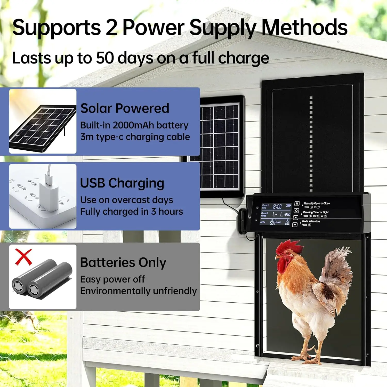 Puerta automática solar para gallinero – 4 modos con temporizador - imagen 2