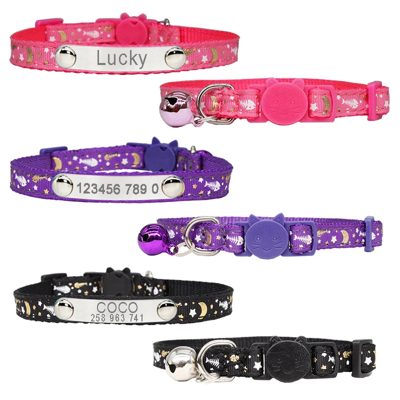 Collares de gato de hueso de pescado, collar con hebilla de seguridad, fluorescencia ajustable, ID personalizado, grabado gratis, letras, collar de gatito - imagen 2
