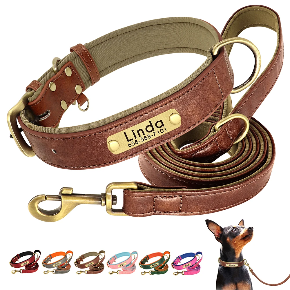 Collar de cuero personalizado para perro, conjunto de correa, Collar de cuero acolchado suave para perros pequeños, medianos y grandes con placa de identificación grabada gratis - imagen 4
