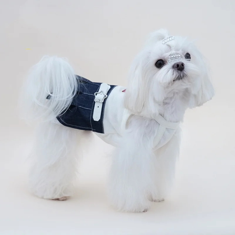 Vestido plisado mezclilla perro pequeño encaje pedrería cereza Maltese - imagen 2
