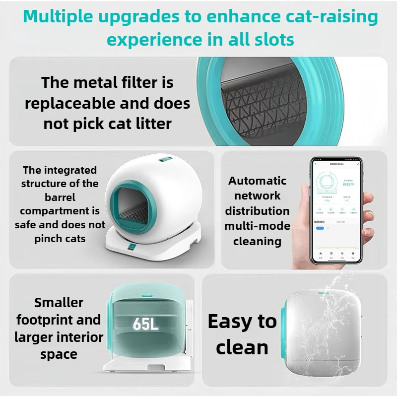 Caja de arena automática para gatos de 65L, autolimpiante, caja de arena para gatos grandes, aplicación inteligente cerrada, inodoro para gatos, desodorización Dual, suministros para mascotas - imagen 3