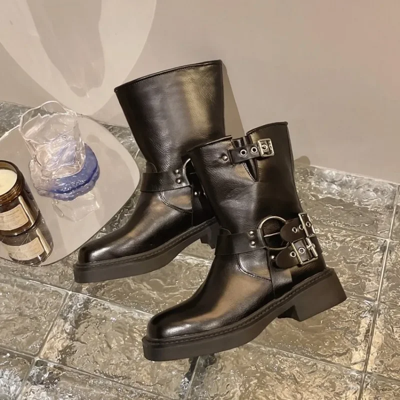 Botines de mujer otoño trabajo moda elegante Punk nuevo en negro lujo tacón bajo punta redonda cuero Dropshipping centro calzado - imagen 4