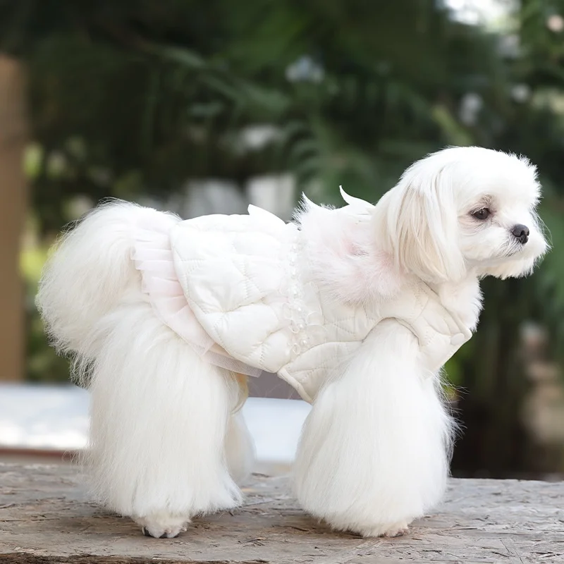 Abrigo lolita de encaje para perros pequeños, chaqueta rosa cálida de piel sintética de felpa, Abrigo acolchado de algodón con lazo para perros, ropa a prueba de viento - imagen 4
