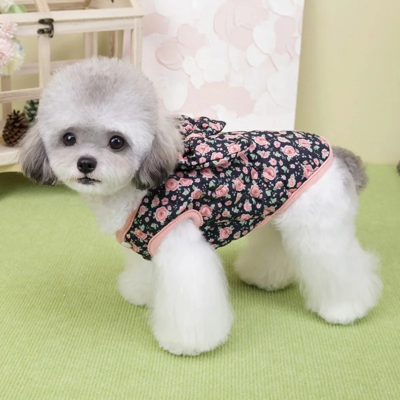 Chaqueta con lazo para perro, abrigo con estampado de flores, ropa para perro, chaleco de algodón cálido para invierno, chaqueta suave para gato, cárdigan para mascota, disfraz para perro - imagen 4