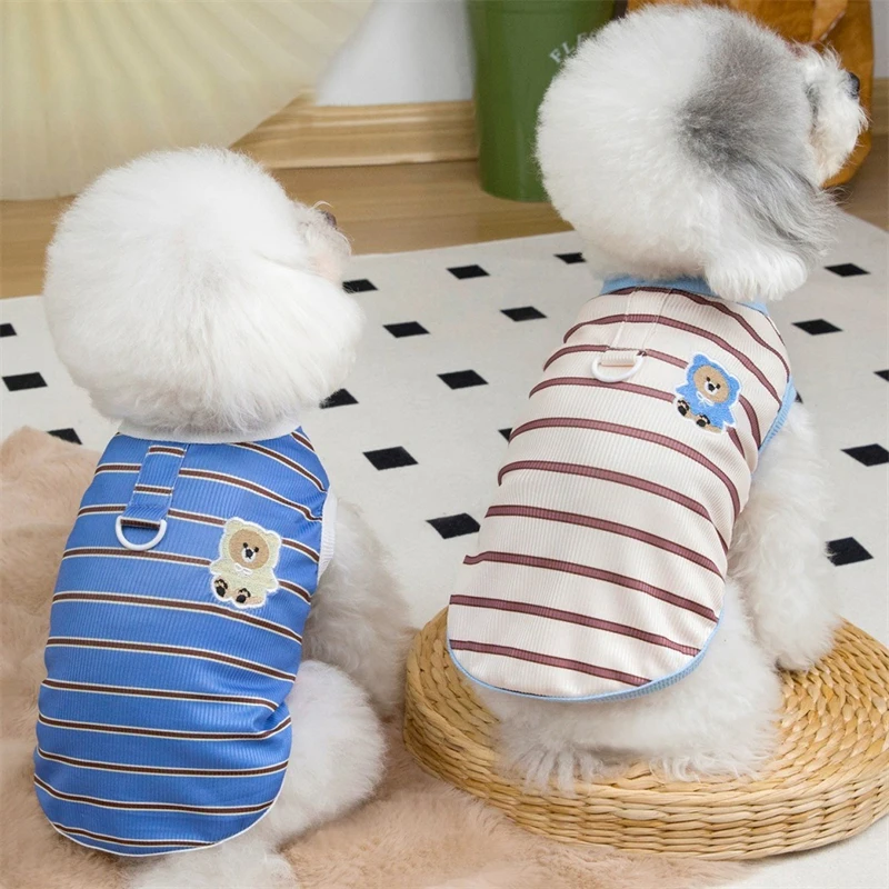 Chaleco para perro mascota con oso de dibujos animados para Chihuahua, ropa clásica a rayas con cuello redondo, ropa de verano para gatos, monos para cachorros frescos y transpirables Unisex