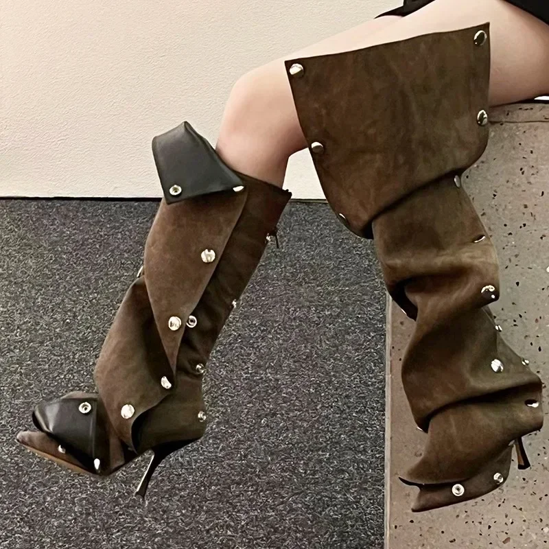 Botas largas de tacón alto para Mujer, zapatos de mezclilla puntiagudos con botón de Metal, Invierno - imagen 4