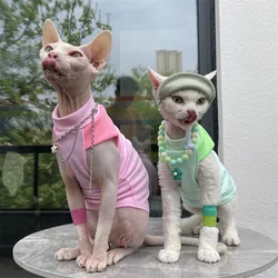 Camiseta rosa de verano para Devon Rex Abrigo de algodón de manga corta verde suave para gato sin pelo en mono de moda de primavera para gatitos