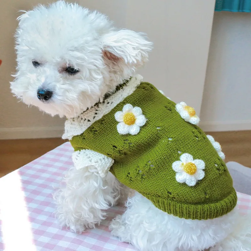 Suéter de invierno para mascotas, ropa para gatos, abrigo para perros, flores, suéter de punto cálido para perros pequeños, Yorkie, Chihuahua, ropa para mascotas - imagen 3