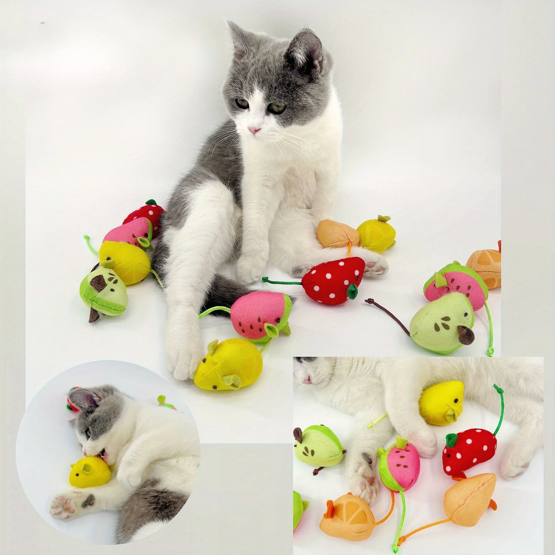 Remolque de ratón para gato, Serie de frutas surtidas, juguetes interactivos para gatos, suministros para mascotas hechos de diseños de poliéster para juegos de interior - imagen 3