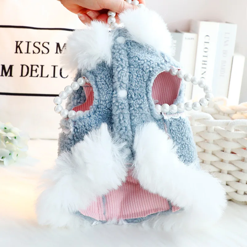 Vestido de princesa para mascotas de otoño e invierno con cuello de piel de corazón, ropa suave y cálida para exteriores para perros y gatos para perros pequeños - imagen 4